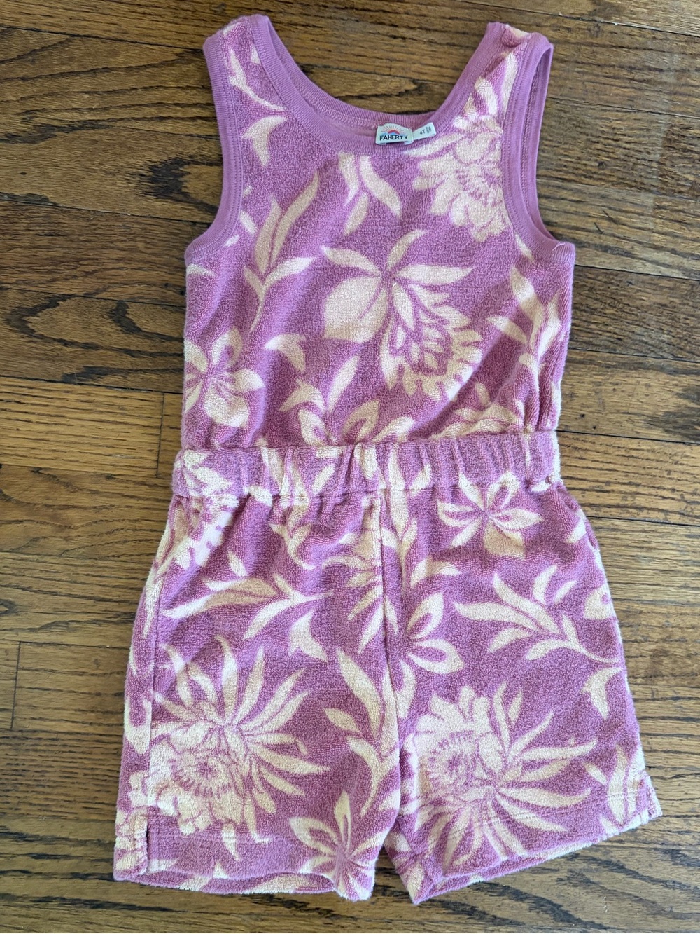Faherty 4T Mauve and Cream Floral Terry Cloth elastic waist romper